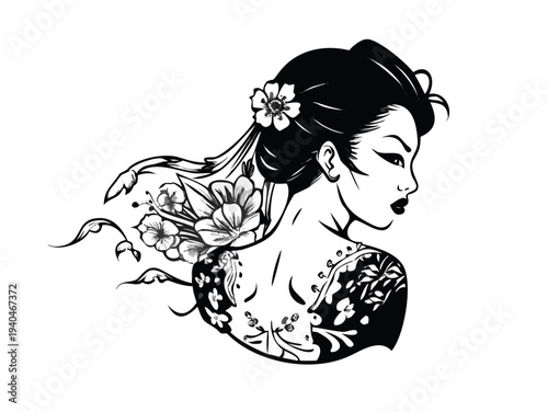 Geisha With Floral Hair Ornament Portrait Vector