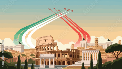 Italian airshow over rome skyline with colorful trails in sunrise sky