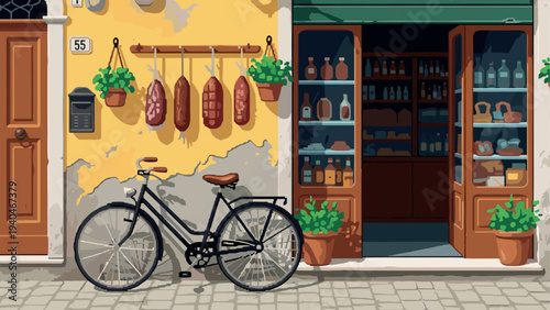 Charming vintage street scene with bicycle and deli shop in pixel art style