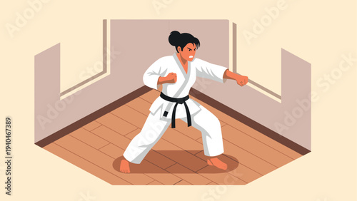 Female karate fighter practicing in isometric training room scene
