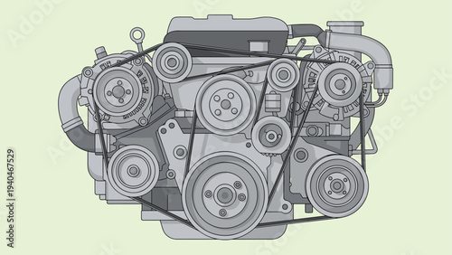 Detailed engine diagram in monochrome line art for technical design and engineering