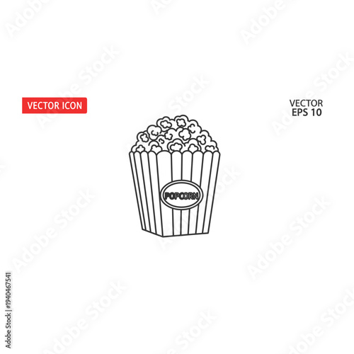 A black and white vector illustration of a popcorn bucket filled with popcorn