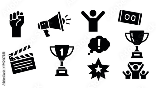 Dynamic collection of silhouette icons featuring trophies, megaphone, and more