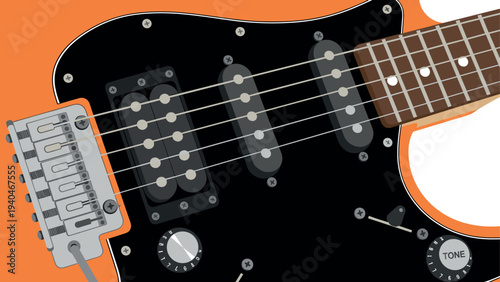 Electric guitar close-up with orange background: detailed musical instrument art