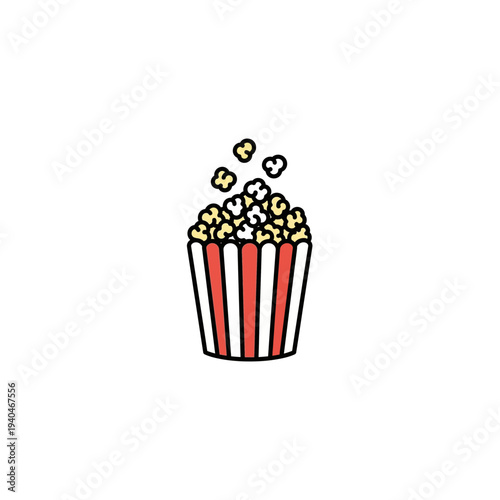 A cartoon illustration of a red and white striped popcorn bucket filled with popcorn