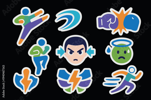 Dynamic martial arts emoji set with colorful cartoon characters
