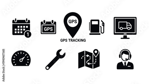 Gps tracking icons set with calendar and delivery symbols for navigation and logistics
