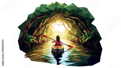 Polygonal kayaking adventure through a lush green cave