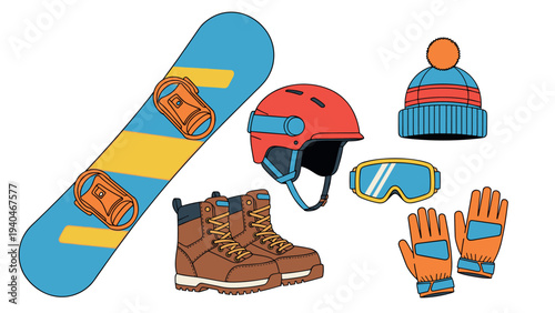 Essential winter sports gear: snowboard, helmet, and accessories in flat design