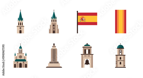 Flat style spanish landmarks with flag icon set for cultural design projects