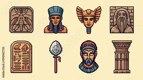 Ancient civilization artifacts in pixel art style: symbols and portraits
