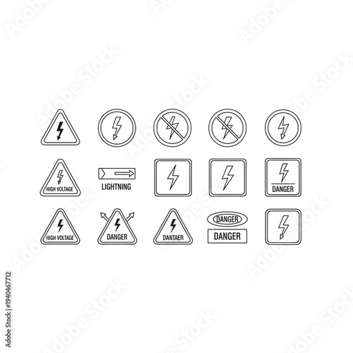 Collection of 15 black and white warning signs and symbols