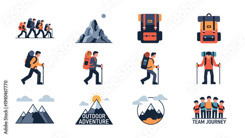 Outdoor adventure icons: hiking, backpacking, nature, and team journey graphics