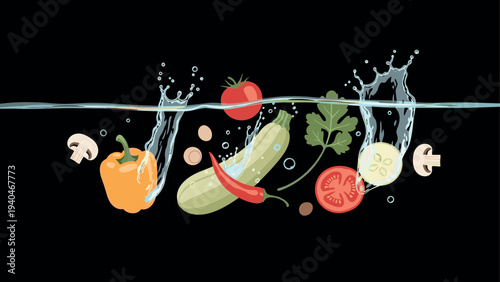 Fresh vegetables splashing in water against black background