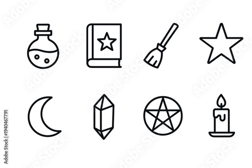Witchcraft line art icons: potions, spellbook, broom, star, moon, crystal, pentacle, candle