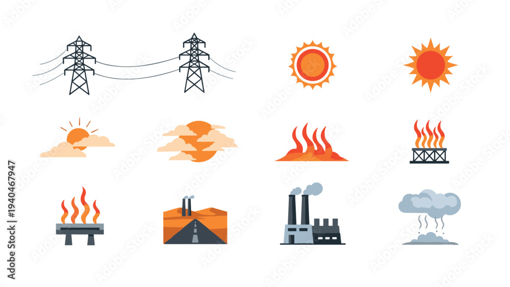 Fototapeta premium Energy and weather icon set with flat design elements in bright colors