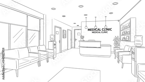 Modern medical clinic waiting room design with minimalist linear style