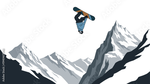 Snowboarder performing aerial trick amidst majestic snowy mountain peaks