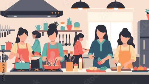 Cooking together: diverse women preparing meals in a cozy home kitchen