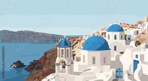 Scenic coastal village with blue domes and white buildings by the sea