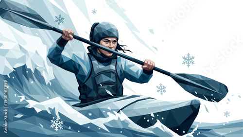 Dynamic polygonal kayaker navigating snowy waters with confidence and skill
