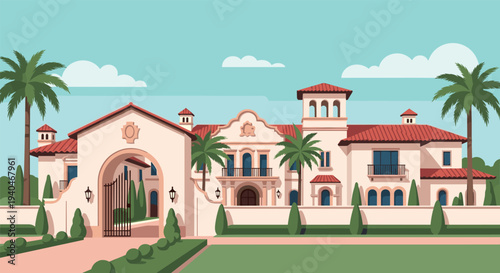 Luxurious mediterranean villa with palm trees and red tiled roofs in flat style