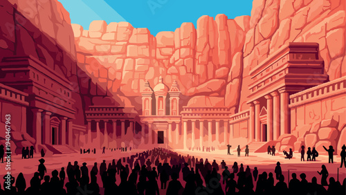 Pixel art of ancient petra with crowds and sandstone cliffs under blue sky