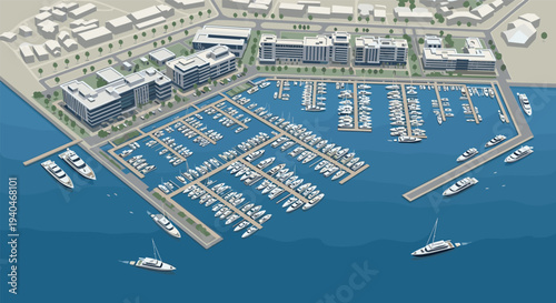 Modern marina waterfront with luxury yachts and coastal cityscape in isometric design