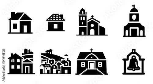 Set of black silhouette icons: houses and churches
