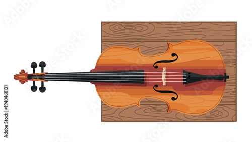 Top view of a vintage violin on wooden surface in flat design
