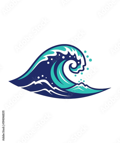 Ocean wave crashing with splashes vector illustration flat design teal blue art
