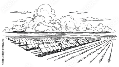 Solar field sketch with dramatic clouds in scenic landscape