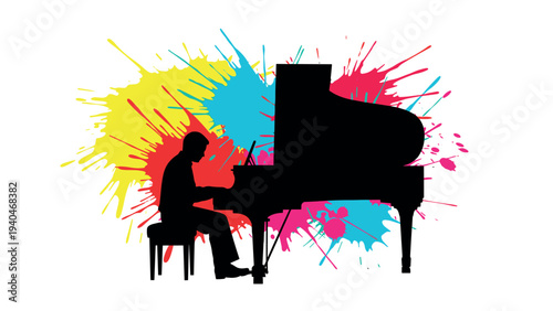 Silhouette piano player with colorful paint splashes on white background