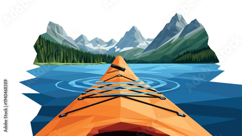 Geometric adventure: kayaking through mountainous waters in low poly art style