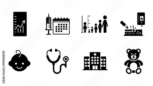 Essential health and family care icons: growth, vaccination, and medical services