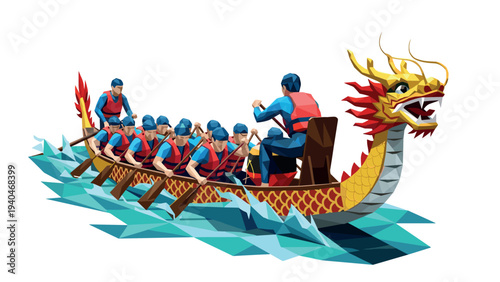 Low poly dragon boat racing with team rowing in vibrant colors