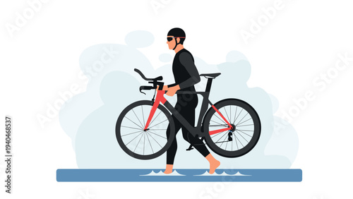 Triathlete walking with bicycle in minimalist sport style