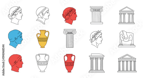 Ancient greek art elements featuring busts and architectural columns in linear style