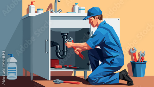 Plumber repairing kitchen sink with tools and supplies in a modern interior