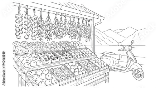 Hand-drawn market stall with fresh produce and scooter in scenic mountain setting