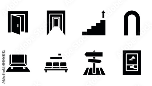 Minimalist door and pathway symbols in black silhouette style