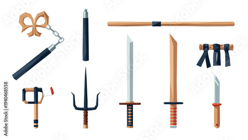 Traditional martial arts weapons collection: diverse range of iconic tools in flat design