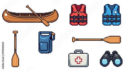Pixel art canoeing gear with paddle, life jacket, and survival kit essentials