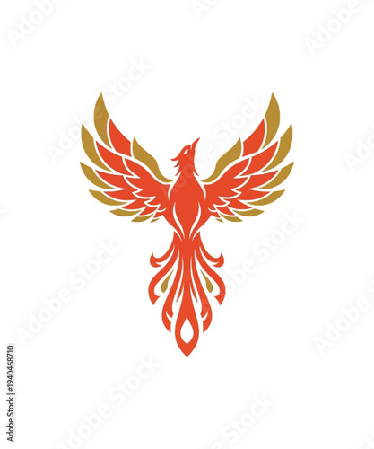 Vibrant red phoenix bird rising with golden flames vector illustration flat design