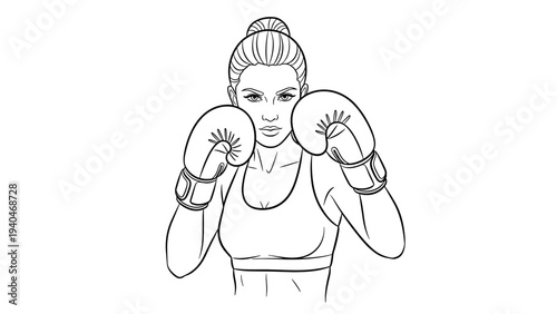 Empowered female boxer in ready stance: linear black and white art