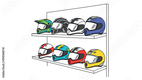 Colorful motorcycle helmets on shelves in a modern flat design