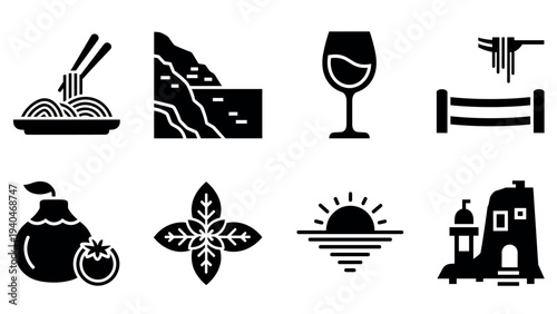 Italian cuisine and culture icons set with landmarks and food in silhouette style