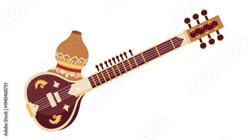 Traditional indian sitar with intricate design on white background