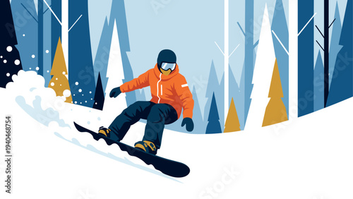 Dynamic snowboarding adventure in minimalist winter forest scene