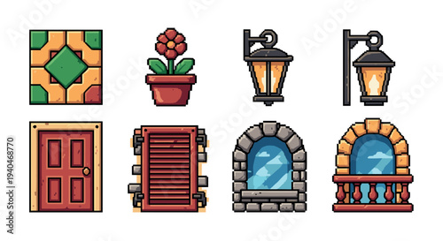 Charming pixel art: windows, doors, lanterns, and garden elements
